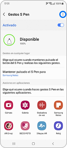 Vista de la pantalla “Gestos S Pen” con el icono más opciones destacado.