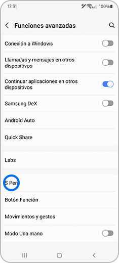Vista de la pantalla “Funciones avanzadas” con la opción “S Pen” destacada.