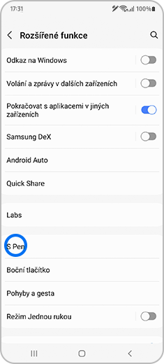 Pohled na obrazovku „Rozšířené funkce“ se zvýrazněnou položkou „S Pen“.