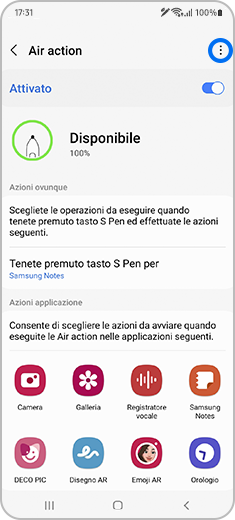 Vista della schermata “Air action” con l’icona altre opzioni evidenziata.