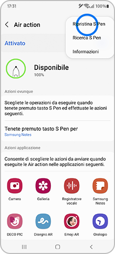 Vista della schermata “Air action” con l’opzione “Ripristina S Pen” evidenziata nella parte superiore destra della schermata.