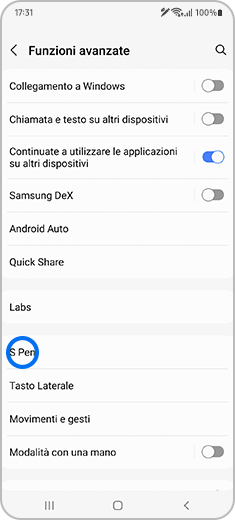 Vista della schermata “Funzioni avanzate” con “S Pen” evidenziato.