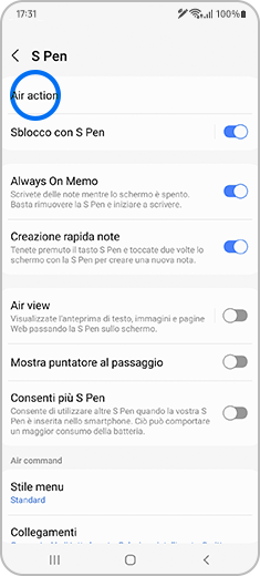 Vista della schermata “S Pen” con l’opzione “Air action” evidenziata.