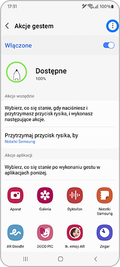 Ekran „Akcje gestem” z zaznaczoną ikoną dostępu do większej liczby opcji.