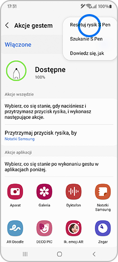 Ekran „Akcje gestem” z zaznaczoną opcją „Resetuj rysik S Pen” w prawym górnym rogu ekranu.