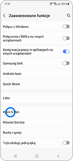 Ekran „Zaawansowane funkcje” z zaznaczoną opcją „S Pen”.