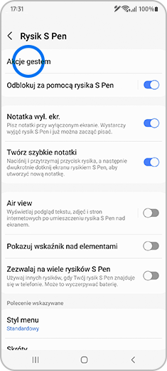 Ekran „S Pen” z zaznaczoną opcją „Akcje gestem”.