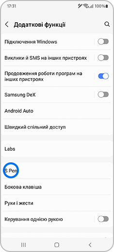 Вигляд екрану “Додаткові функції” з виділеною опцією “S Pen”.