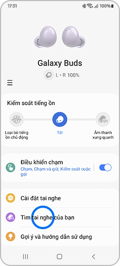 Xem màn hình chính của ứng dụng Galaxy Wearable với tùy chọn “Tìm Tai nghe của Bạn” được làm nổi bật.
