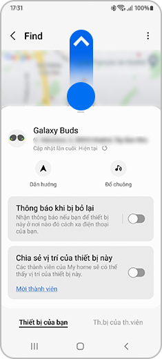 Xem vị trí của Galaxy Buds với thao tác vuốt lên trong gợi ý cửa sổ bật lên.