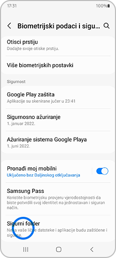 Prikaz ekrana "Biometrijski podaci i sigurnost" sa istaknutom opcijom "Sigurni folder".