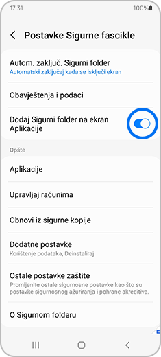 Prikaz ekrana "Sigurni folder" sa istaknutim dugmetom za uključivanje/isključivanje "Dodaj Sigurni folder na ekran Aplikacije".