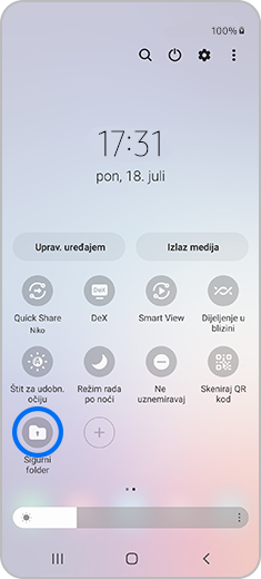 Prikaz table sa obavještenjima sa istaknutom opcijom "Sigurni folder".