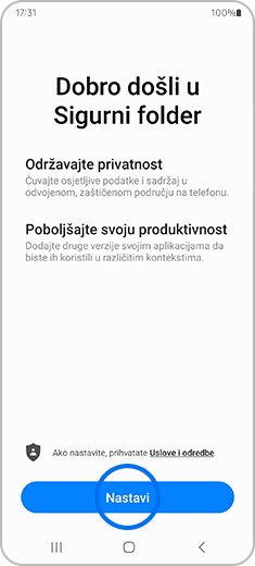 Prikaz ekrana "Dobro došli u Sigurni folder" sa istaknutom opcijom "Nastavi".