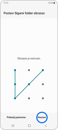 Prikaz ekrana "Postavi Sigurni folder obrazac" sa istaknutom opcijom "Nastavi".