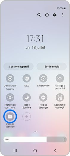 Vue du panneau de notification avec l’option « Dossier sécurisé » en évidence.