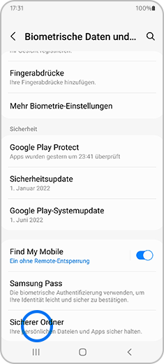 Ansicht des Bildschirms „Biometrische Daten und Sicherheit“ mit der hervorgehobenen Option „Sicherer Ordner“.