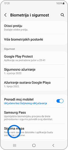 Prikaz zaslona „Biometrija i sigurnost“ s istaknutom stavkom „Sigurna mapa“.
