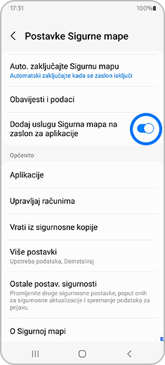 Prikaz zaslona „Sigurna mapa“ s istaknutim preklopnim gumbom „Dodaj uslugu Sigurna mapa na zaslon za aplikacije“.