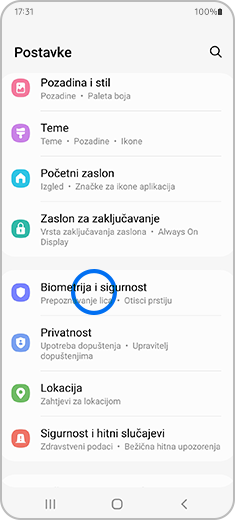Prikaz zaslona postavke uređaja s istaknutom stavkom „Biometrija i sigurnost“.