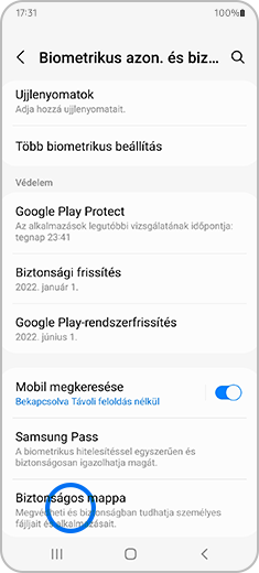 A „Biometrikus azon. és biztonság” képernyő nézete, ahol a „Biztonságos mappa” lehetőség kiemelten látható.