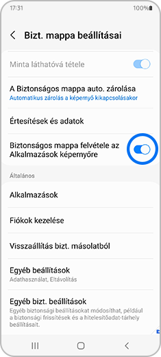 A „Biztonságos mappa” képernyő nézete, ahol a „Biztonságos mappa hozzáadása az alkalmazások képernyőjéhez” váltógomb kiemelten látható.