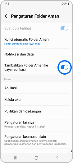 Tampilan layar "Folder Aman" dengan tombol togel "Tambahkan Folder Aman ke layar Aplikasi" disorot.
