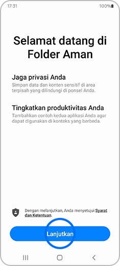 Tampilan layar "Selamat Datang di Folder Aman" dengan opsi "Lanjutkan" disorot.