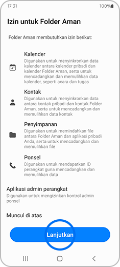 Tampilan layar "Izin untuk Folder Aman" dengan opsi "Lanjutkan" disorot.