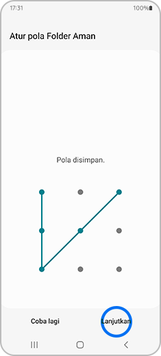 Tampilan layar "Atur pola Folder Aman" dengan opsi "Lanjutkan" disorot.