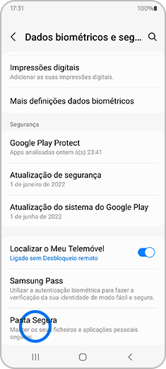 Vista do ecrã de “Dados biométricos e segurança” com destaque para a opção “Pasta Segura”.