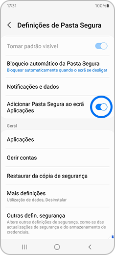 Vista do ecrã “Pasta Segura” com o botão para “Adicionar Pasta Segura ao ecrã Aplicações” em destaque.