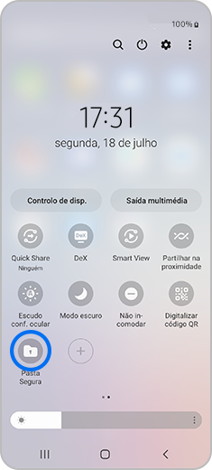 Vista do Painel de notificações com destaque para a opção “Pasta Segura”.