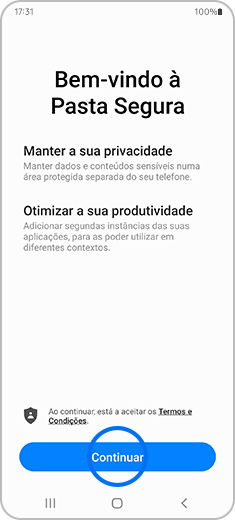 Vista do ecrã “Bem-vindo à Pasta Segura”, com destaque para a opção “Continuar”.