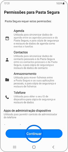 Vista do ecrã “Permissões para Pasta Segura”, com destaque para “Continuar”.