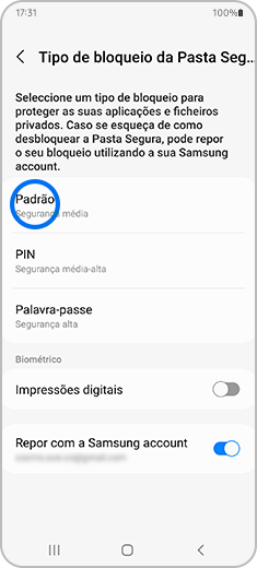 Vista do ecrã “Tipo de bloqueio da Pasta Segura” com destaque para a opção “Padrão”.