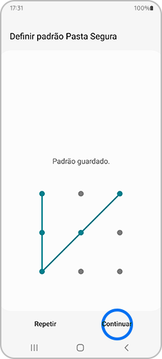 Vista do ecrã “Definir padrão Pasta Segura”, com destaque para a opção “Continuar”.