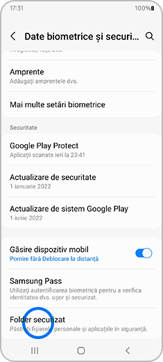 Imagine cu ecranul „Date biometrice și securitate”, cu opțiunea „Folder securizat” evidențiată.
