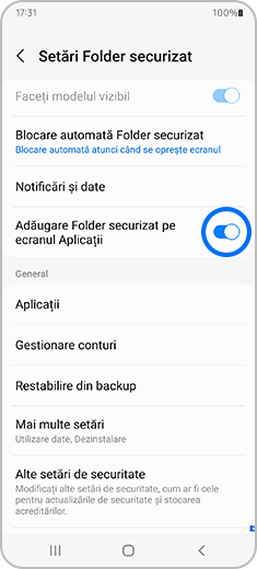 Imagine cu ecranul „Folder securizat”, cu butonul de comutare „Adăugare Folder securizat pe ecranul Aplicații” evidențiat.