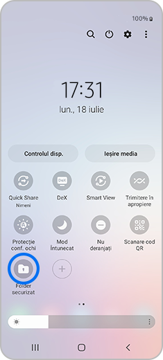 Imagine cu panoul de notificări, cu opțiunea „Folder securizat” evidențiată.