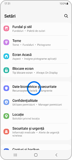 Imagine cu ecranul cu setări ale dispozitivului, cu opțiunea „Date biometrice și securitate” evidențiată.