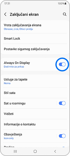 Prikaz menija „Zaključani ekran“ sa istaknutim dugmetom za prebacivanje „Always On Display“.