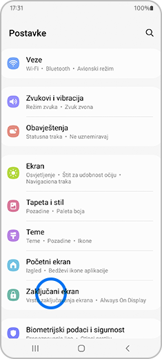 Prikaz ekrana Postavke sa istaknutom opcijom „Zaključani ekran“.