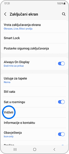 Prikaz „Zaključanog ekrana“ sa istaknutom opcijom „Vidžeti“.