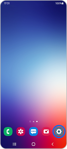 Weergave van het startscherm van een Galaxy telefoon met het icoon instellingen gehighlight.