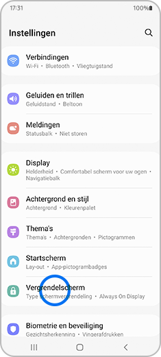 Weergave van het scherm Instellingen met de optie “Vergrendelscherm” gehighlight.