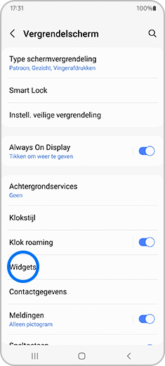 Weergave van het “Vergrendelscherm” met de optie “Widgets” gehighlight.