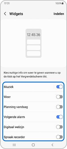 Weergave van de “Widgets”-app met wisselknop muziek gehighlight.