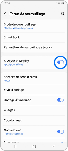 Aperçu du menu « Écran de verrouillage »  avec le commutateur « Always On Display ».