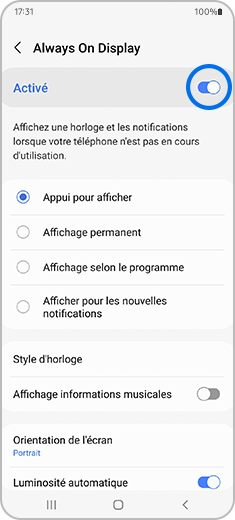 Aperçu du menu « Always On Display » avec le commutateur.